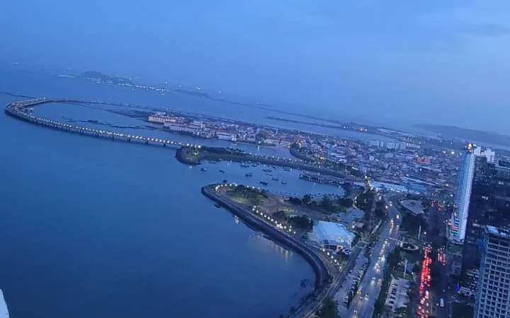Aerial view of Panama City at dusk, the usual starting point for the trip to Santa Catalina