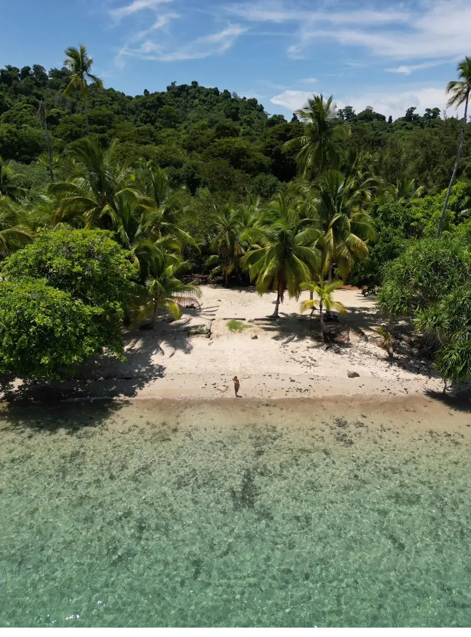 Turquoise water and a white-sand beach in Coiba National Park, reached from Santa Catalina