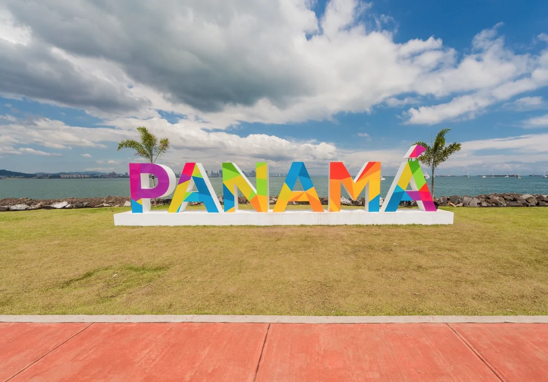 The colourful PANAMÁ sign on Panama City's Pacific waterfront